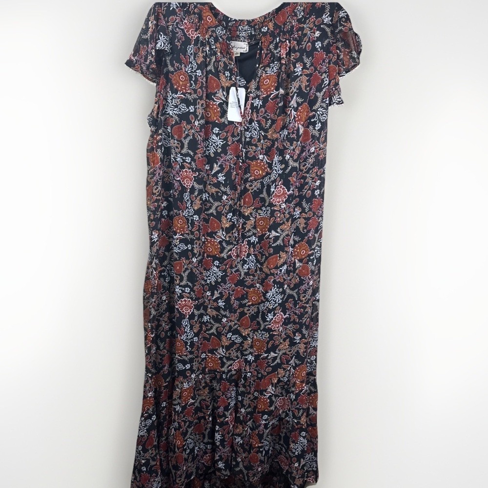 Floral Maxi Dress - Black with Rust & Cream Floral Print